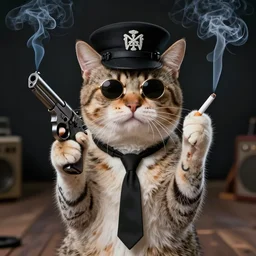 gangster cat with tattoos smoking cigarettes holding gun