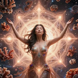 ecstatic beautiful young asian woman by irakli nadar, several layers of 3 d coral and light fractals radiating behind with sacred geometry, cosmic, natural, awakening, symmetrical, in the style of ernst haeckel and alex grey, effervescent, warm, photo realistic, epic and cinematic