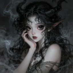 portrait of demon girl, dreamy and ethereal, expressive pose, big black eyes, exciting expression, fantasy, intricate, elegant, dark and moody smoke, highly detailed, digital painting, artstation, concept art, smooth, sharp focus, illustration, art by artgerm and greg rutkowski and ( alphonse mucha )