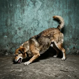 a dog biting its own tail in the style of garbage pale kids