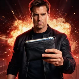 Action movie poster with a guy holding a wallet, explosion and red rim light behind, 4K
