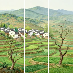 dead trees has just sprouted!! terraced fields. chinese village. a gorgeous landscape painting by barlowe wayne maxfield parrish and marco mazzoni. very little snow on the dead tree. china waterwheel. the winding steps. ultra clear detailed. highly detailed, 3 d, octane render.