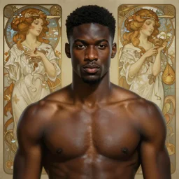 portrait of a handsome male, black features, muscle, diffuse lighting, fantasy, intricate, elegant, highly detailed, lifelike, photorealistic, digital painting, artstation, illustration, concept art, smooth, sharp focus, art by john collier and albert aublet and krenz cushart and artem demura and alphonse mucha