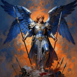 highly detailed and complex angel of war, with spears and blood, blue and orange color scheme, by peter mohrbacher and greg rutkowski