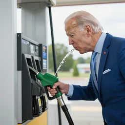 joe biden pouring gas in his mouth with the gas station gas pump