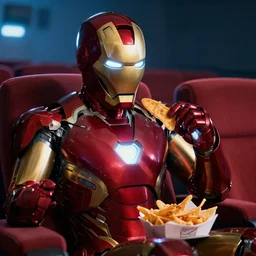 iron-man watching an iron-man movie in a movie theater while eating natchos, hyper realistic, highly detailed, cinematic