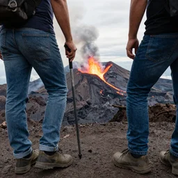 photograph of people wearing jeans hiking to a volcano eruption