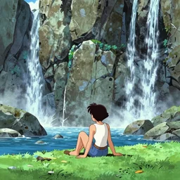 shantae sitting on grass surrounded by large vertical rock structures and waterfalls in the style of makoto yabe