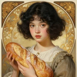 beautiful cottagecore of a girl with short black curly hair, round face, cute face, holding a loaf of bread. intricate, elegant. highly detailed, digital painting, artstation, concept art, smooth, sharp, focus, illustration. . art by artgerm and greg rutkowski and alphonse mucha