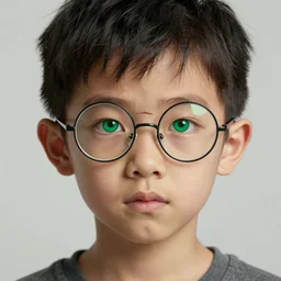 portrait of a small, skinny 1 7 - year - old boy with a thin face, black hair, and bright green eyes. wears round glasses held together with tape and has a thin scar on his forehead, hyper realistic face, beautiful eyes, character art, art by mark brooks, hyperdetailed, cryengine, trending on artstation, digital art