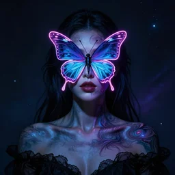 a full body portrait of a beautiful woman with a neon butterfly covering her face art by james paick, and shaddy safadi, ominous, cosmic horror, trending on artstation, ultra detailed, hyper realistic 4 k