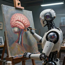 photorealistic illustration of a sci - fi android making an oil painting of a human brain on a canvas in a high - tech artist studio, volumetric lighting, cinematic