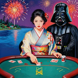 hyperrealistim composition of the detailed single woman in a japanese kimono sitting at a extremely detailed poker table with darth vader, fireworks, river on the background, pop - art style, jacky tsai style, andy warhol style, acrylic on canvas
