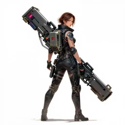 a woman carrying a super large weapon behind her, cyberpunk art by maciej kuciara, cgsociety, space art, white background,, concept art, sci - fi
