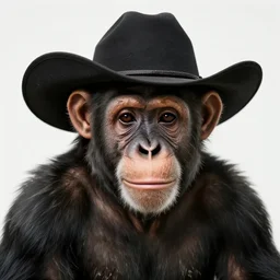 portrait of a chimpanzee wearing a cowboy hat, white background, photo realistic, mild depth of field, highly detailed