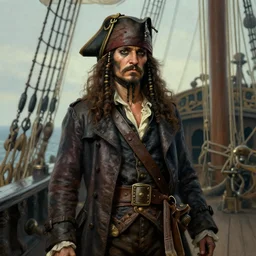 portrait of a 1 9 th century pirate in a trenchcoat standing on the deck of a ship, victorian, concept art, detailed face, fantasy, highly detailed, cinematic lighting, digital art painting by greg rutkowski