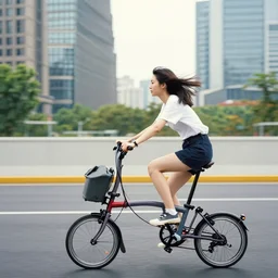 girl riding brompton bike in shanghai modern city, by chiho aoshima