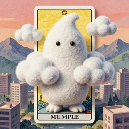 A Mumintroll character in shape of wool felting amazing clouds, illustration by Beeple, book cover, colorful background with mountains and endless brutalism buildings, 8k resolution, ultra detailed, matte painting, tarot card style, character design, watercolor detailed art