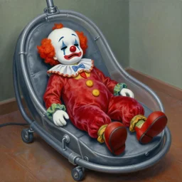 a velvet painting of a sad crying clown in an iron lung in a golden frame above a roaring fireplace in a burning library while a burning man in a smoking jacket, perched comfortably in a wingback chair, smokes a pipe