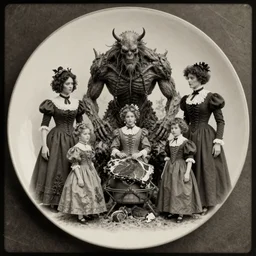 vintage photograph monochrome plate, monstrous mutant victorian family of cenobitea posing meat, distressed old photo, slight sepia tone