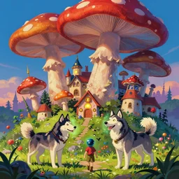 slavic city. big mushrooms, enchanted husky, tick helmet, glowing lights, epic fantasy, colorfully, digital art, highly saturated colors, concept art, detailed illustration, hd, 4 k, digital art, greg rutkowski, dan mumford, studio ghibli trending on artstation