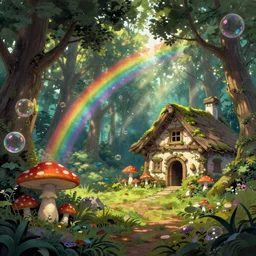 A hyper real comic book style painting of an enchanted irish forest with toadstools and forest hut. Soap bubbles and rainbow in the air, sun beams flowing through the trees. Unreal 5, Hyperrrealistic, Octane render, Cospay, RPG portrait, dynamic lightning.
