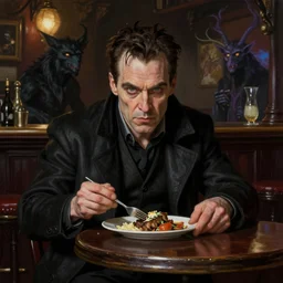 matte painting character illustration of john constantine sitting down on a barstool going to lunch at a dive bar in london, digital painting, illustration, constantine, john singer sargent, magical creatures in the background, amazing values, 8 k, gothic, realistic face details, symmetrical face details, realistically rendered face, photorealistic eyes, moody lighting, octane render
