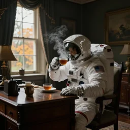 a single cosmonaut in a spacesuit drinks a  steaming cup of tea at an old wooden desk in a richly decorated Victorian house. the autumn light comes in through a window and dimly illuminates the room, diffuse light, octane render