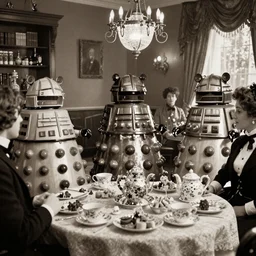 Daleks attending a Victorian sepia photo of a tea party.
