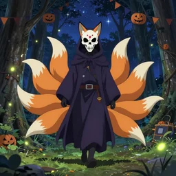 an anime about an undead biohazard necromancy wizard with a sugar skull painted skeletal fox shaped plague doctor mask face, 9 massive fox tails trailing behind magical grim reaper robes, walking through calm forest under starry skies, halloween decorations, fireflies, wonder, anime, furry, peaceful, street view, vhs, art by yuji ikehata, trending on art station