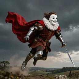man wearing theater comedy mask flies over a landscape , he is wearing elizabethan boots and ruff, he is wearing a red billowing capelet draped over his shoulder, he is wearing armored gauntlets and armored greaves, he carries a shortsword in his left hand, dramatic theater lighting