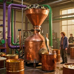 machine apparatus for making snake oil, huge copper machine fed by a hopper of snakes, purple and green pipework, art by ed roth and kenny scharf, barrels of snake oil in a hermetically sealed production line, golden hour lighting, film still from the uncle aloysius family medicine depot movie 3 d, 8 k