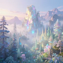 highly detailed holographic iridescent glowing ethereal sci fi world with forests, mountains, fog at dusk, by gilbert williams, by simon stalenhag, by beeple, by bruce pennington, by moebius, octane render, with many different pastel shades of blue purple pink yellow green, beautiful prismatic volumetric lighting