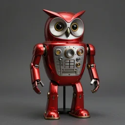adventurer ( ( ( ( ( 1 9 5 0 s retro future robot android wide old owl robot on a stand looking at the camera. muted colors. ) ) ) ) ) by jean baptiste monge!!!!!!!!!!!!!!!!!!!!!!!!! chrome red
