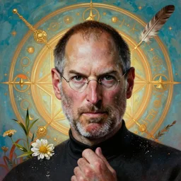 hyper realistic portrait painting of steve jobs ( intrincate detail, golden ornaments, feathers ) wet, flowers, by godward, gustav moreau, saturno butto, boris vallejo, austin osman spare and david kassan, by bussiere. occult art, occult diagram, turquoise and orange color scheme.