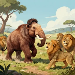 a wooly mammoth fighting a herd of saber tooth lions, illustration, digital art