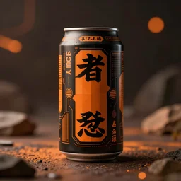 japanese futuristic can of alcohol design, geometric structure, kanji decals, black and orange colour palette, octane render, bokeh, depth of field, product shot