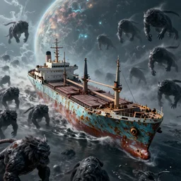 a beautiful hyper realistic 3d render of a derelict cargo ship escaping a horde of shadow beasts on a magnificent planet, otherworldly, by Ian Millerbrom, Michael Whelan, John Harris, unreal engine, octane render, brilliantly colored, ultra wide angle, trending on artstation, HDR, polished,  ray tracing, 8k