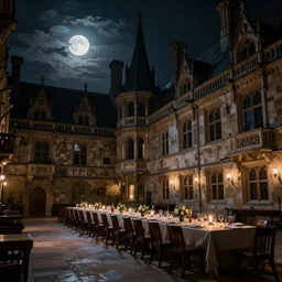 a dining hall in a gothic castle. It's dark, and only moonlight lights up the scene.