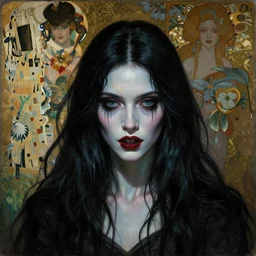 masterpiece painting of ephemeral vampire raven haired girl by donato giancola, darius zawadzki and tom bagshaw, face by artgerm and edmund leighton, alphonse mucha, background by james jean and gustav klimt, 8 k, horror, dark color palette, volumetric lighting, porcelain skin, french nouveau, trending on pixiv