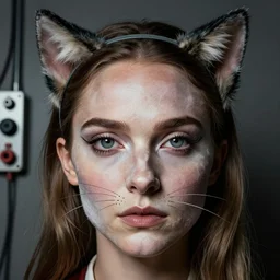 Natalie Portman cat nose and whiskers painted on face, wearing cat ears headband, very detailed portrait, ultrarealistic, dramatic lighting, electrical details, high details, 4k, 8k, best, accurate, trending on artstation, fur, artstation, photorealism, ultrarealistic, digital painting, style of Dali, Caravaggio, Boris Vallejo
