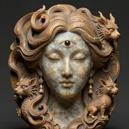 a sculpture of mythical creatures by hannah yata, elegant and beautiful female face with her third eye open, carved in wood and stone, intricate, elegant, highly detailed, digital painting by audrey kawasaki, artstation, concept art, ambient occlusion, vray render,