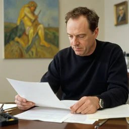 Michael Scott working on papers, oil painting