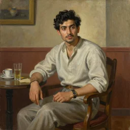 a painting of a young aryan man sitting in the parlour