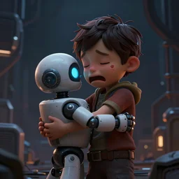 a crying kid hugging a robot, dark, futuristic, digital art, matte painting, trending on artstation and unreal engine, in the style of rayman origins, michael ancel, ruan jia and mandy jurgens and greg rutkowski
