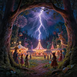 closeup of a night carnival inside a tree cavity in a magical forest in the middle of a summer storm, with a music scenario with many fireworks and christmas lights, volumetric lightning, instense god rays in the sky, folklore people disguised with fantastic creatures in a magical forest by summer night, masterpiece painted by walter langley, scene by dark night environment, refraction lights,