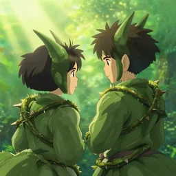 closeup two identical magical creatures back, spiked liana wrap them, in a gentle green dawn light, eyvind earle, studio ghibli painting, cinematic lighting, volumetric lighting, smooth, sharp focus, highly detailed, render in unreal engine 5, artstation, deviantart, behance, trending, epic composition, octane, light rays, award - winning