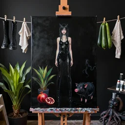 painting of a solid black painted canvas, on an easel in a dark artist's studio with black walls, tall emo catgirl, wet black clothes, hemp rope, bromeliad, paint tubes, clothes hanging on a clothesline to dry, 6 black boots, pomegranate, a black pig, courgette, black octopus, sensual, acrylic and oilstick on canvas