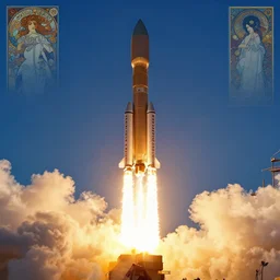spacex falcon 9 liftoff, behance hd artstation, by moebius, alphonse mucha, ayami kojima, amano, greg hildebrandt, and mark brooks, art nouveau, neo - gothic, gothic, concept design, dynamic light, stylised illustration, disco elysium