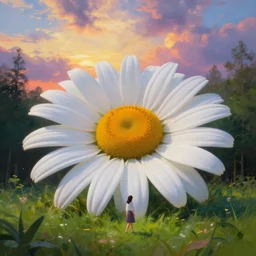 giant daisy flower head, girl walking in a green forest, surreal photography, sunrise, dramatic light, impressionist painting, colorful clouds, digital painting, artstation, simon stalenhag
